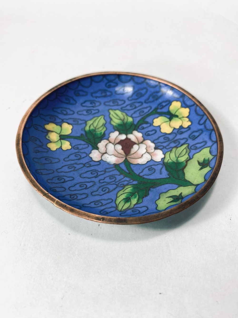 Vintage Blue Floral Cloisonné Enamel Metal Trinket Dish